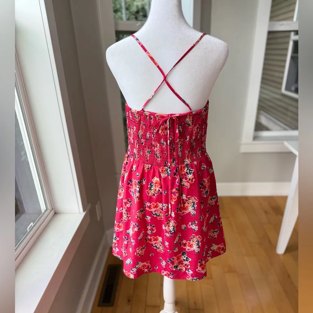 American Eagle Outfitters Red Floral Cross Tie Back Mini Dress w Pockets Sz 8 - Image 5