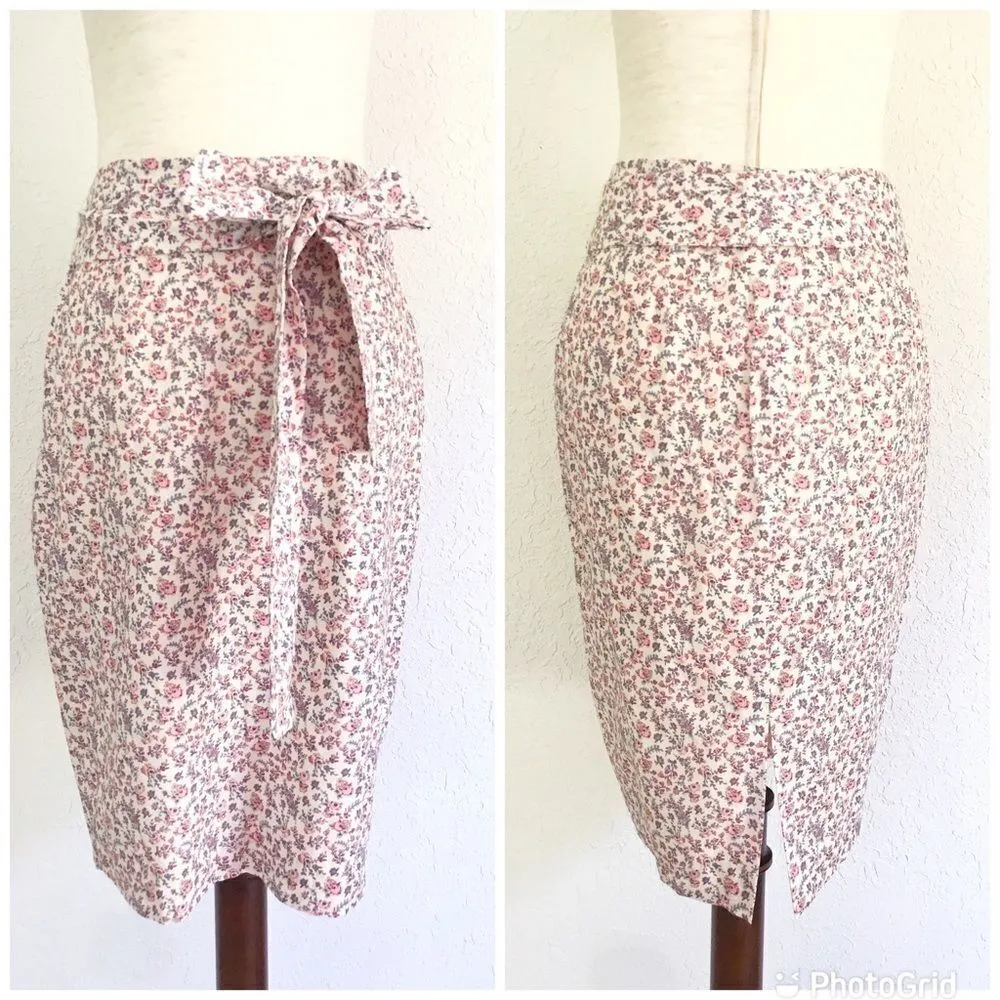 ANTONIO MELANI Floral Print‎ Pencil Skirt Tie Belt Cotton Pink Cream Size 2 NWOT - Image 2