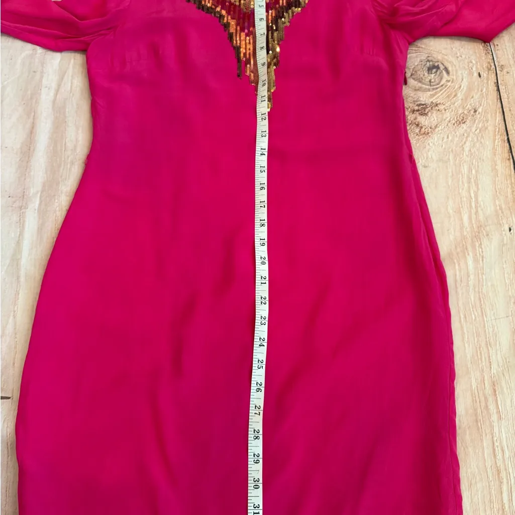 Trina Turk Women Hot Pink Silk Dress Size 6 Sequin Shift Long Sleeve READ - Image 4