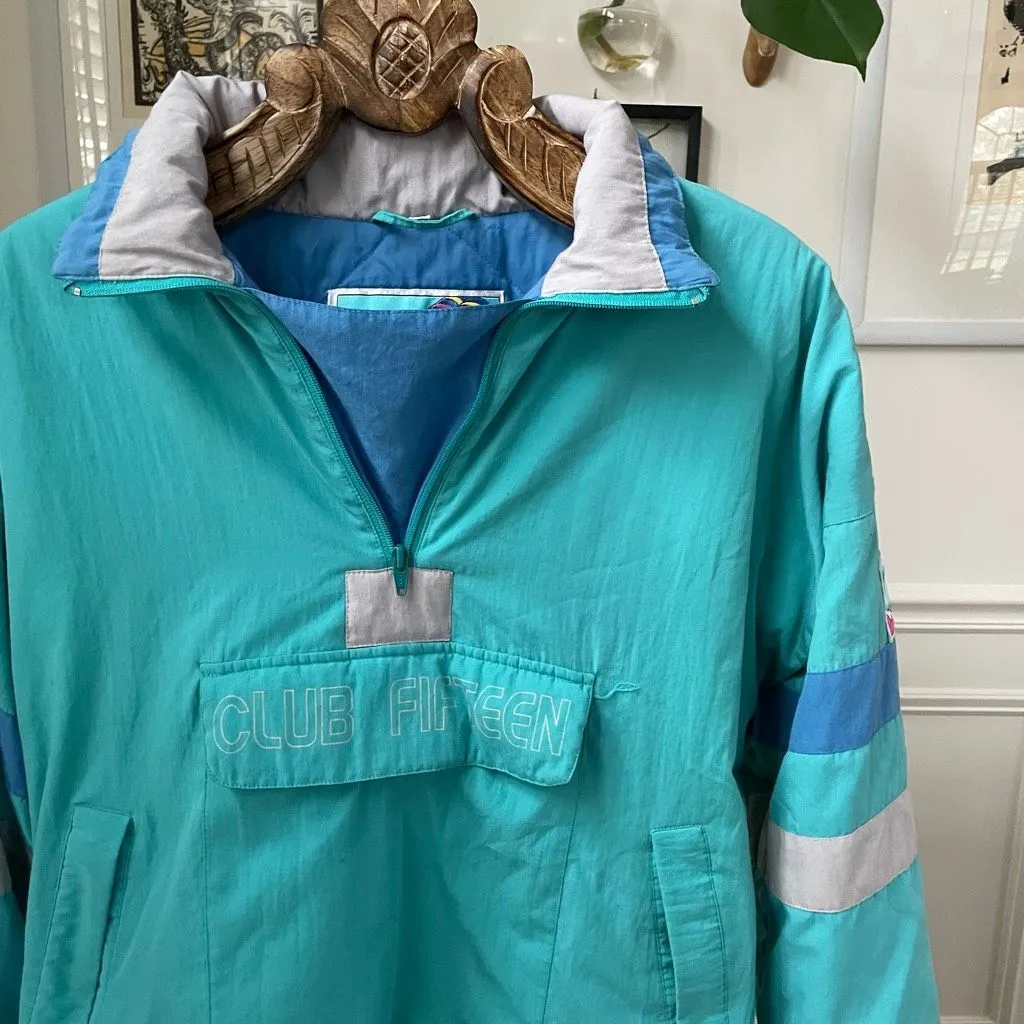 Vintage 90s C&A Club Fifteen Teal Blue Grey Puffy Half Zip Pullover XL Green - Image 2