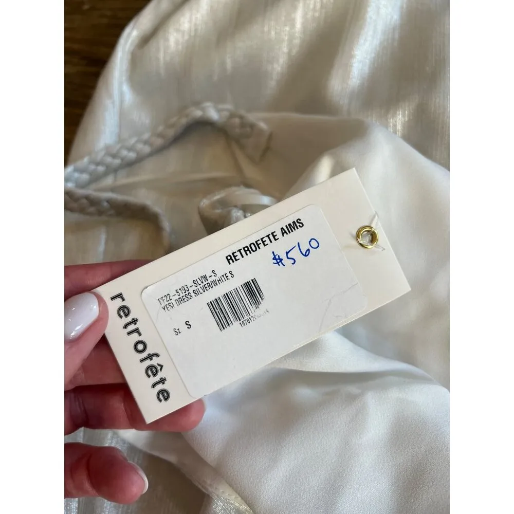 Retrofete Yesi Pleated Lamé Gown Metallic White Womens Size Small - Image 8