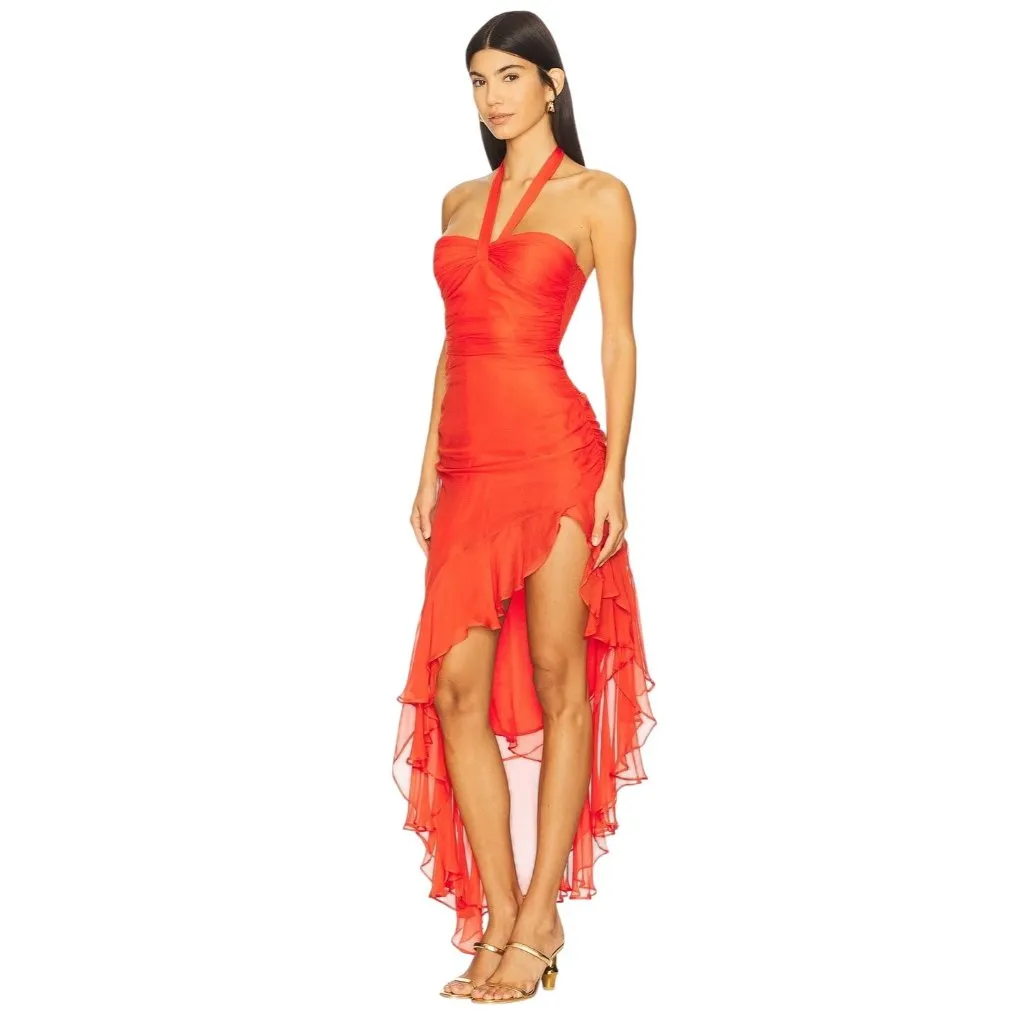 Amanda Uprichard Marabou Dress in Blood Orange Large New Womens Asymmetric - Image 4