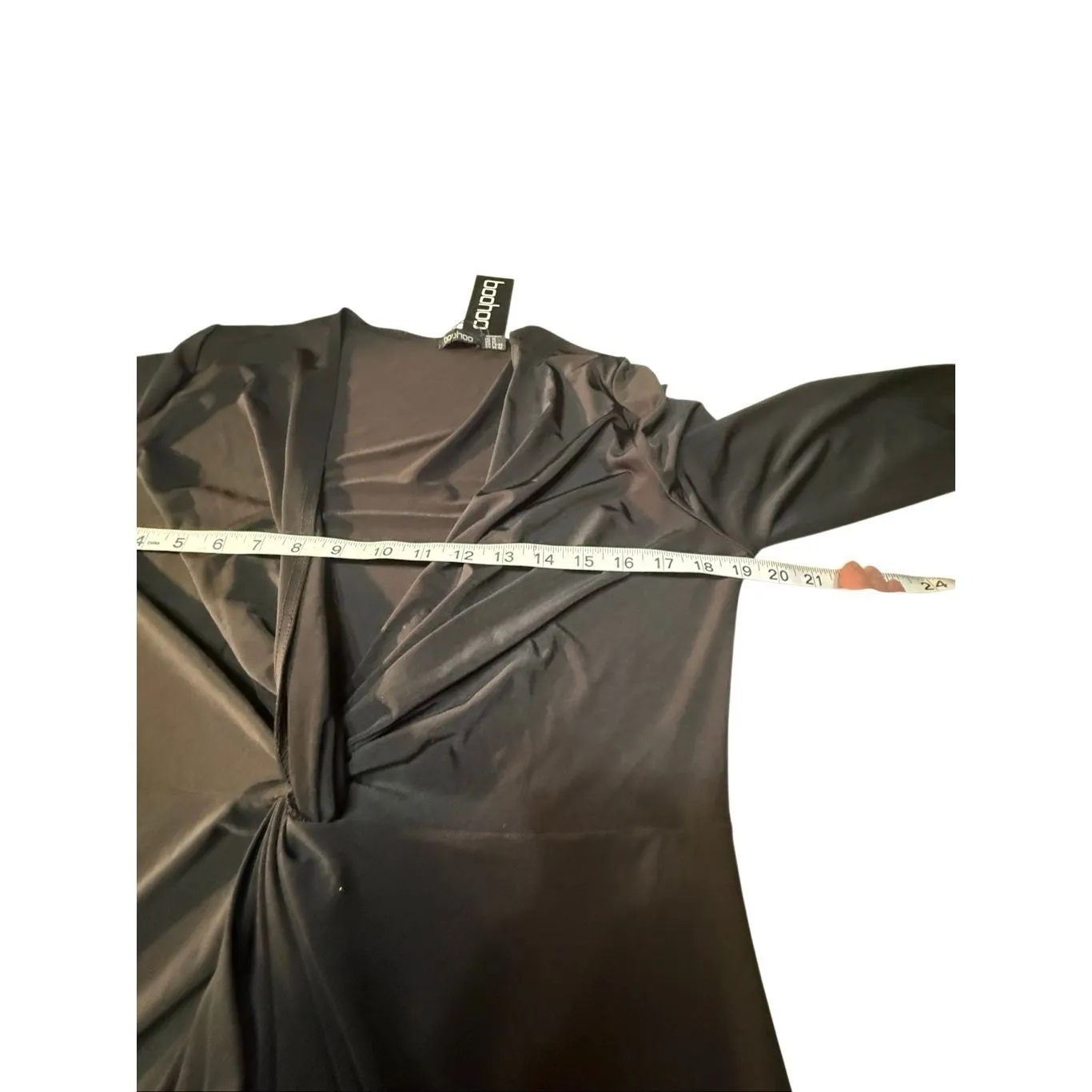 Boohoo Twisted Front Low V Midi Black Dress Sz 12 NWT - Image 5