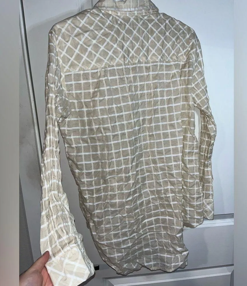Finley Women’s Button Down White Creme Checkered Plaid Long Sleeve Blouse Sz Med - Image 2