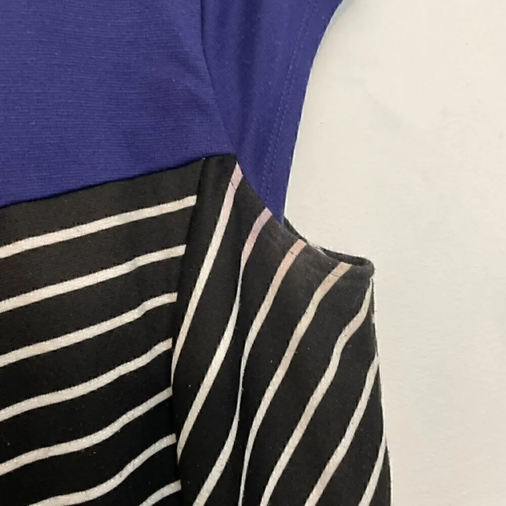 BCX Black White Indigo Colorblock Striped Cap Sleeve Fit & Flare Dress JUNIORS 7 - Image 14