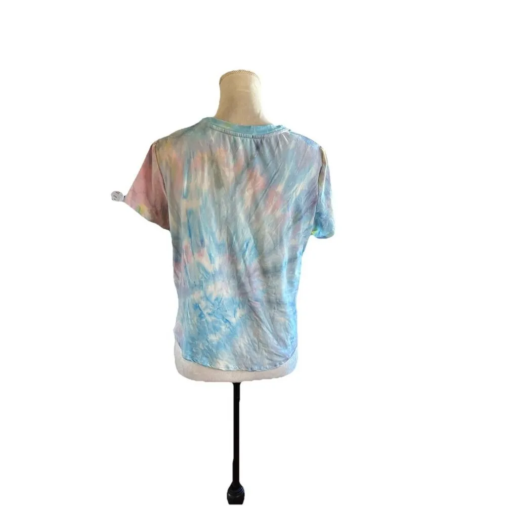 Women’s Tie Dyed Blouse Tie Front Short Sleeve Size S Oversized Fit Stretchy. - Image 2