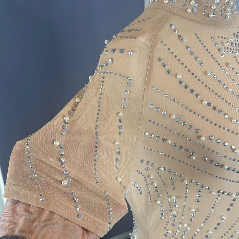 Women’s Sheer BodyCon Mini Dress Rhinestones Faux Pearls & Feathers Size S - Image 3