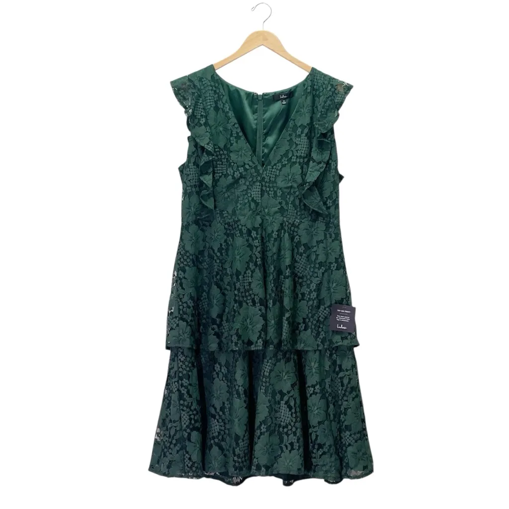 NWT Lulus Molinetto Forest Green Lace Midi Dress Ruffled Tiered Sleeveless Sz 1X - Image 2