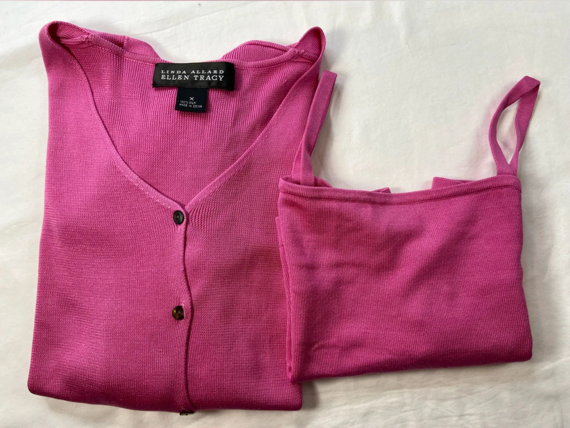 Ellen Tracy Silk Sweater Set V neck cardigan over a cropped thin Strap tank - Image 1