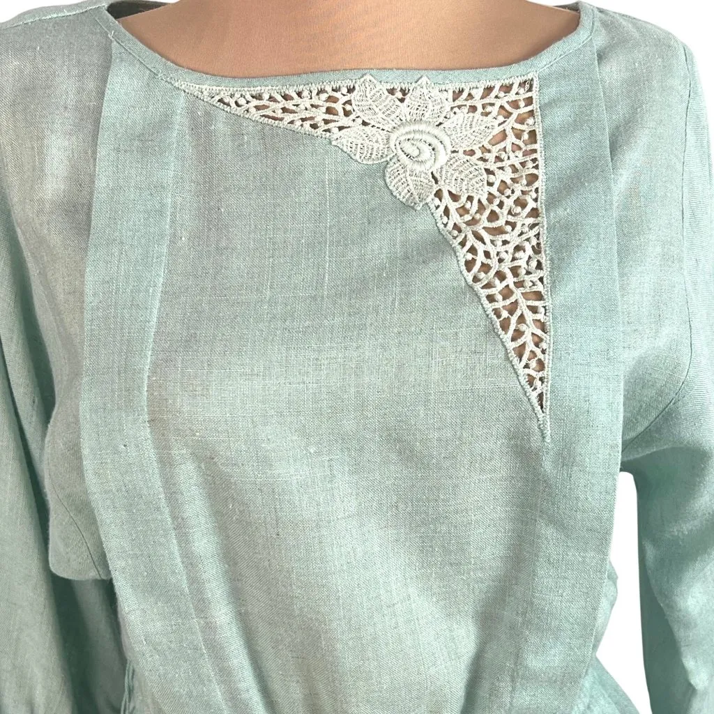 Vtg Brenner Petites Cottagecore Mint Green Pleated Lace Bodice Dress M Granny Size M - Image 3