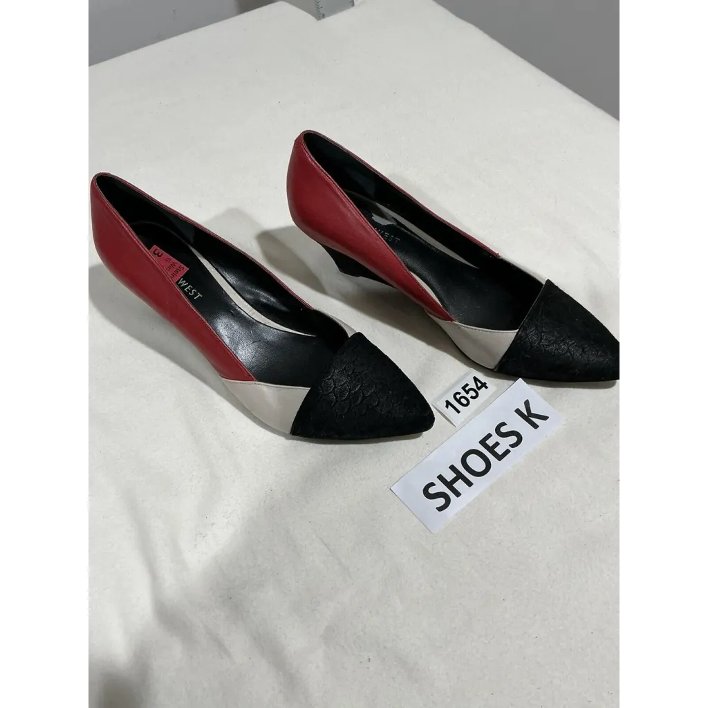 Womans Nine West Red Black Ivory Leather Slip On Wedge Heel Shoe 7 M - Image 2