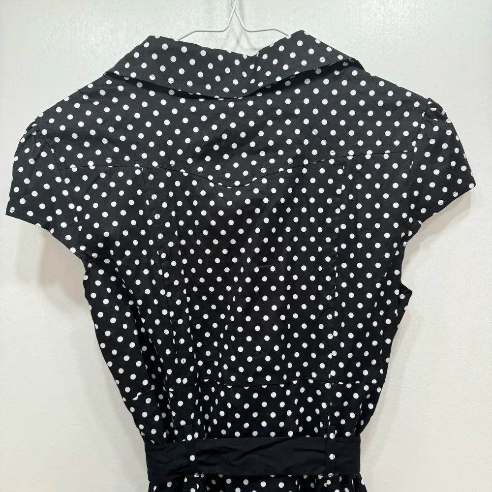 Black & White Polka Dots Cap Sleeve A Line Shirt Dress by Petal USA Retro Mod Size L - Image 8