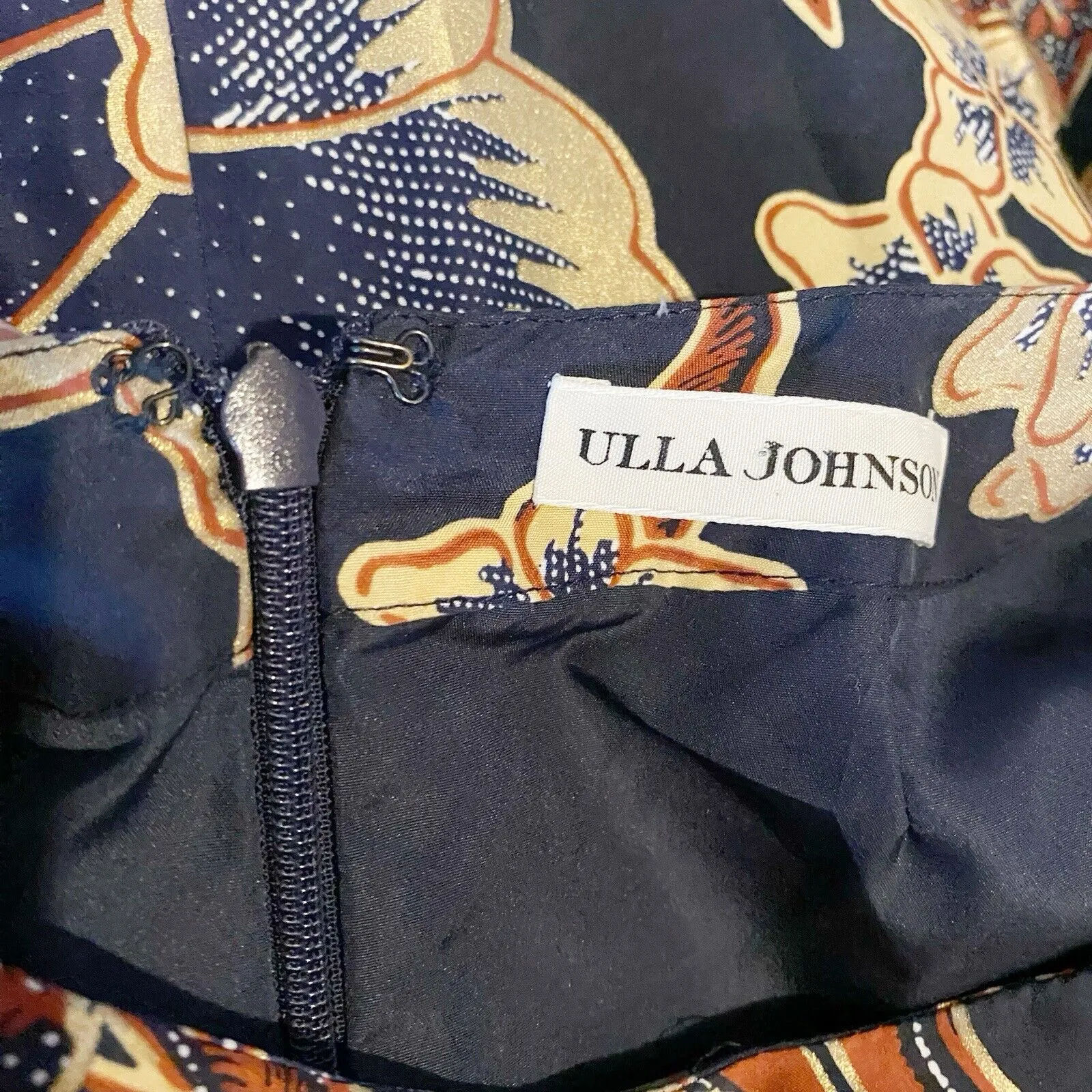 Ulla Johnson Claudine Navy Silk Gold Floral Dress 0 Puff Sleeve Wedding Guest - Image 7