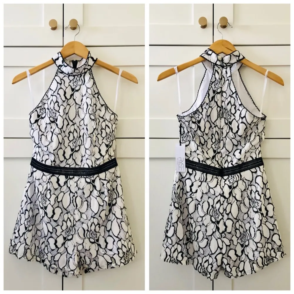 RYSE The Label Layla Halter Neck Black & White Floral Print Lace Romper, sz. S - Image 3