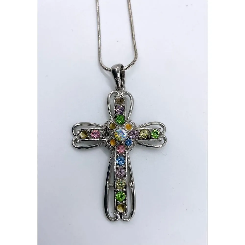 colorful rhinestone cross pendant necklace brushed antique silver Silver - Image 3