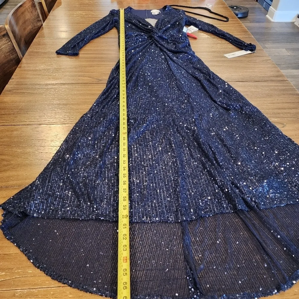 26552 v neck long sleeve SEQUINED KNOTTED WAIST MIDNIGHT NAVY GOWN 14 - Image 13