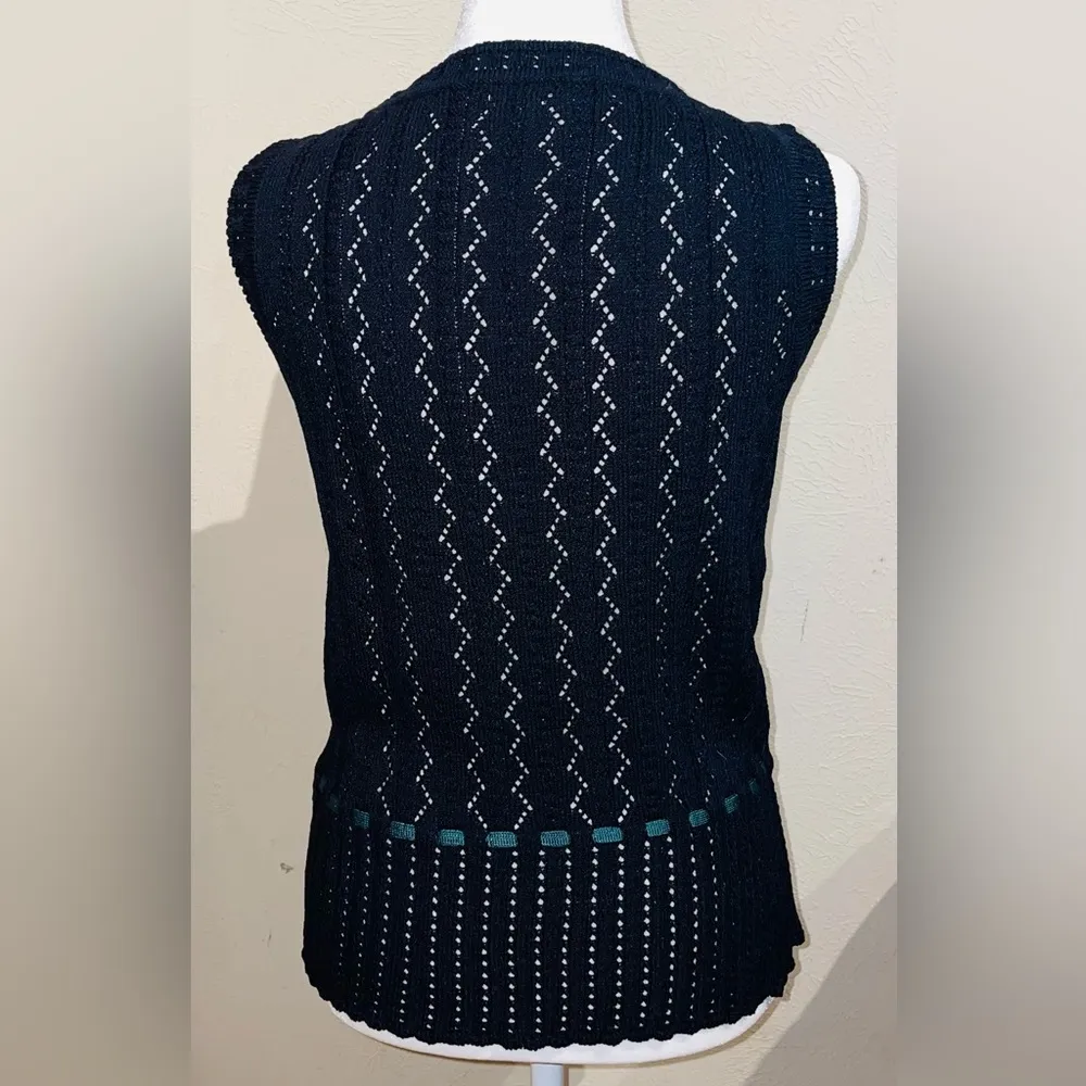 St. John Vintage Navy Knit Sleeveless Sweater Vest With Teal Ribbon Detail - Image 2