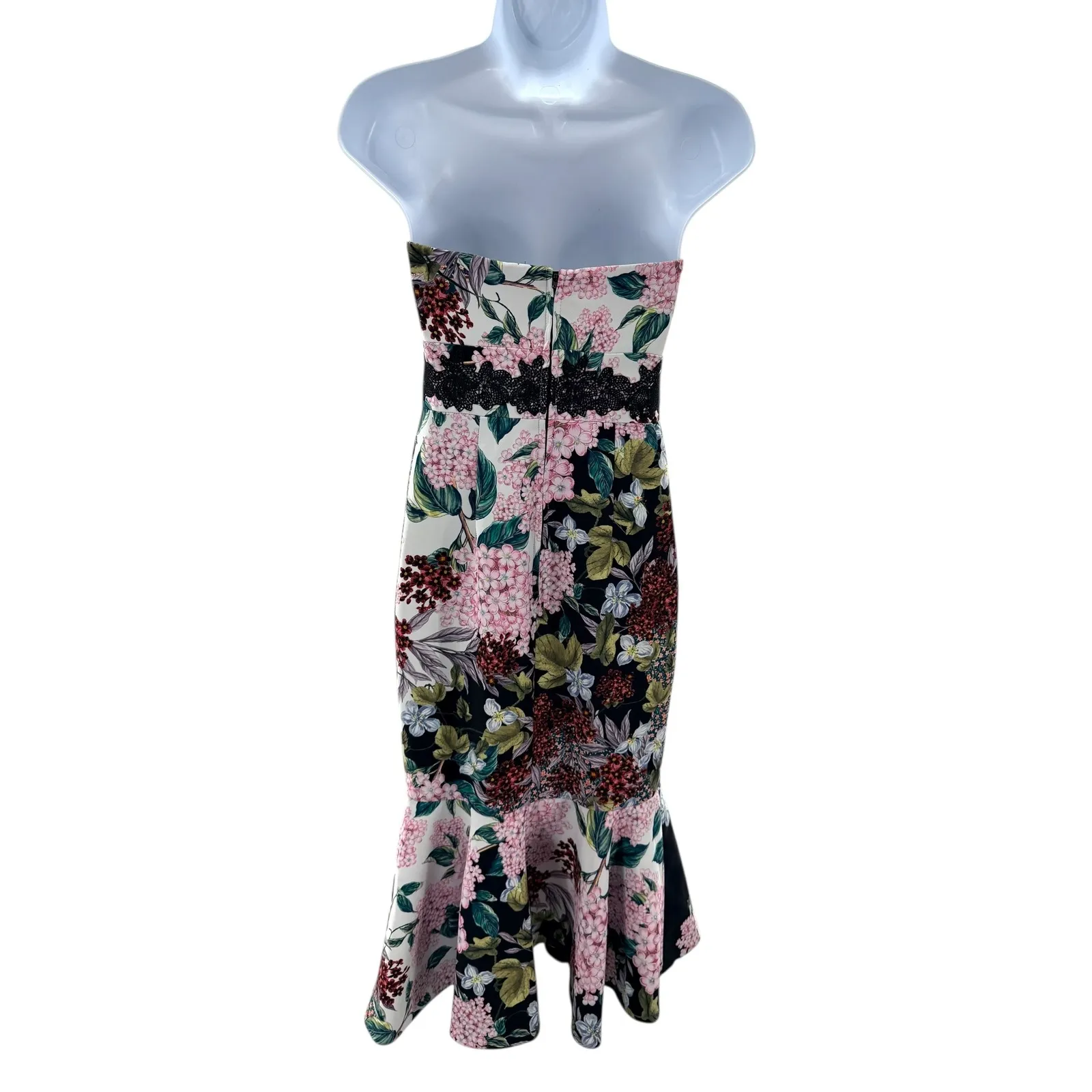 Keepsake Floral Print Strapless Sweetheart Neckline Cutout Midi Dress Size S Black - Image 6