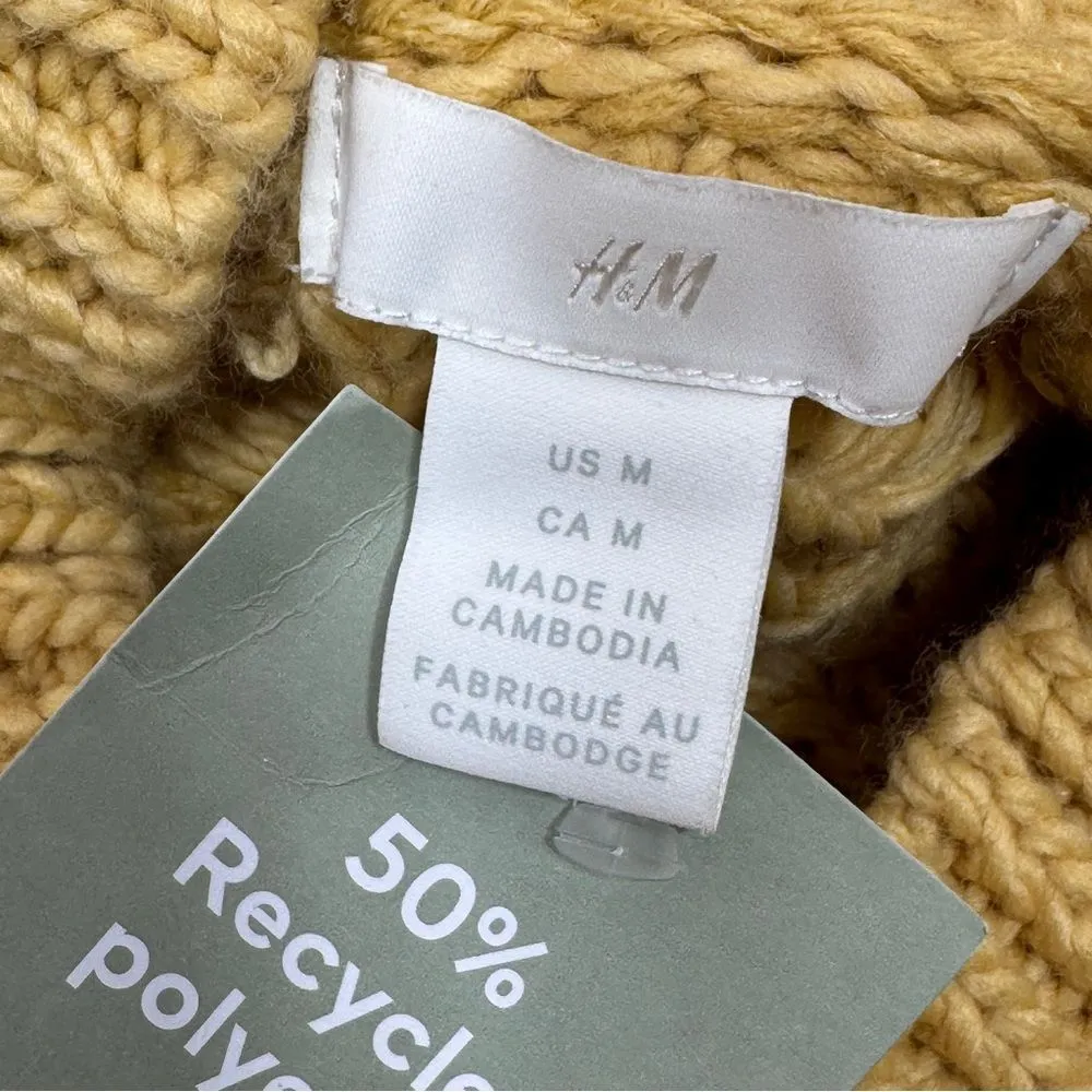 H&M Chunky Knit Funnel Neck Barrel Sleeve Crop‎ Sweater Yellow Medium - Image 9