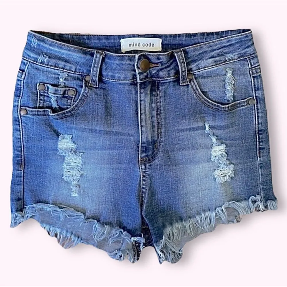 High Rise Destroyed Raw Hem Shorts Mind Code Sz M   27 - Image 7