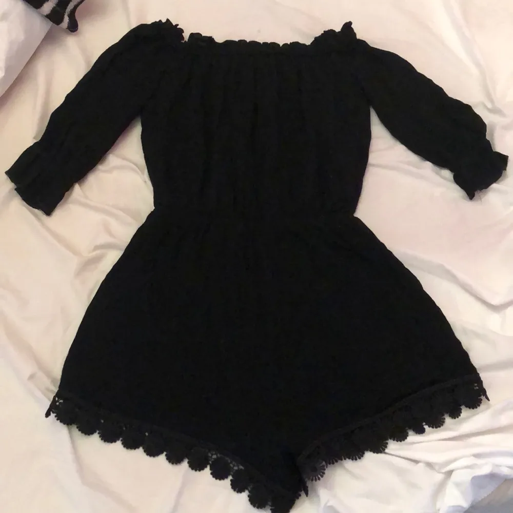 cute off the shoulder black crochet romper - Image 5