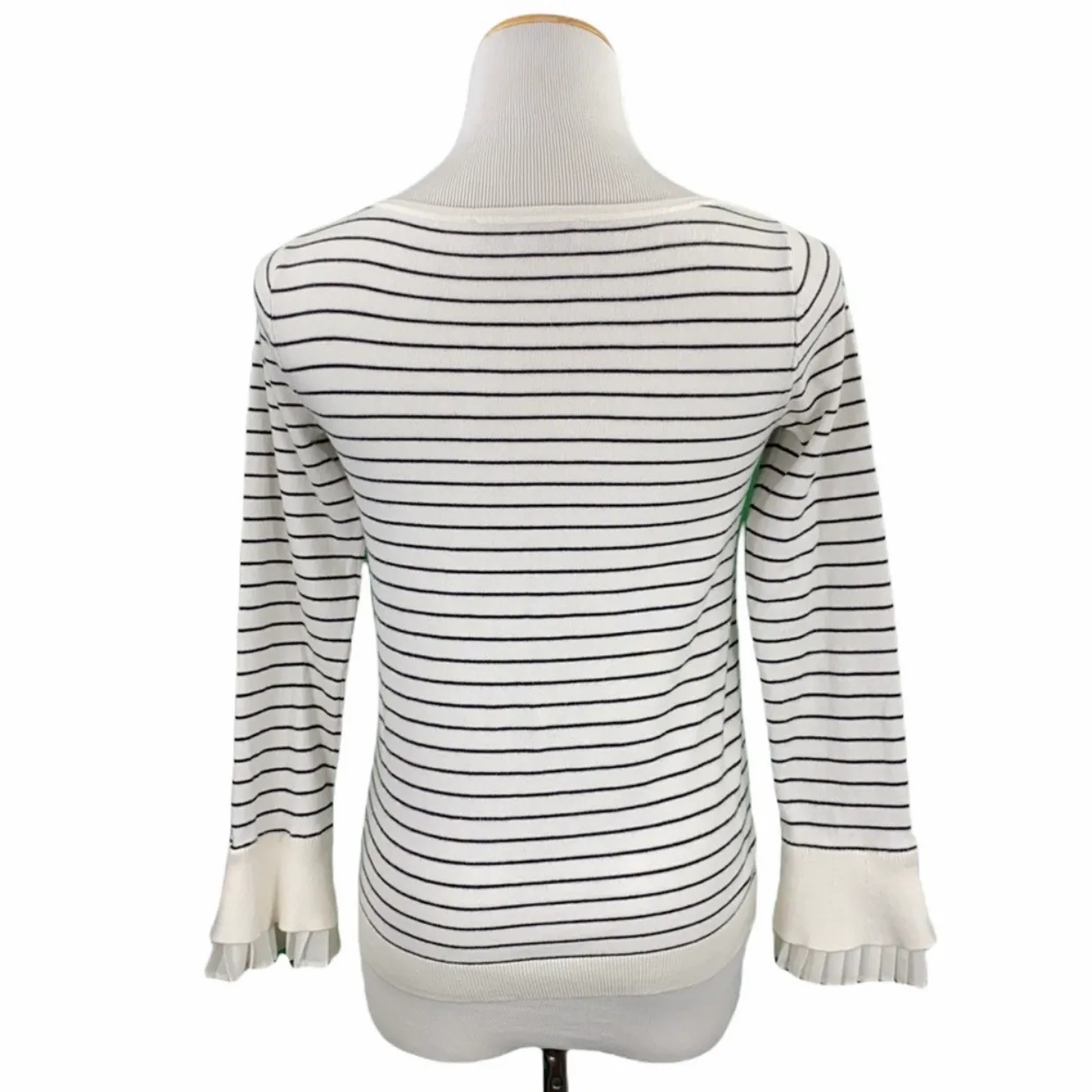 Petites Black & White Striped Casual Ruffle Cuff Boatneck Knit Sweater - Image 8