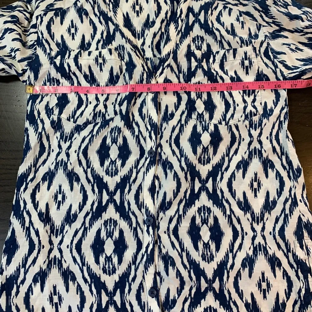 Athleta Ikat Print Tunic Top Women XXS Blue White Cotton Silk Shirt Dress Preppy - Image 7