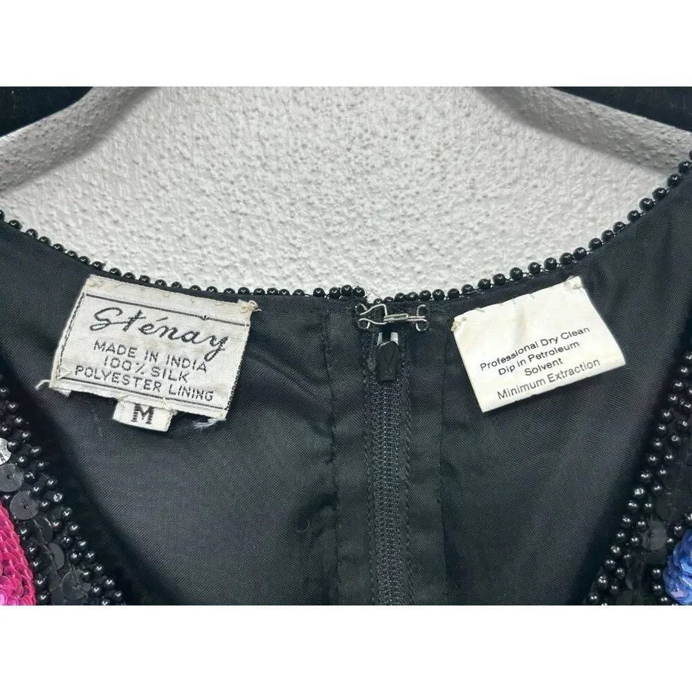 VTG Stenay Silk Beaded Sequin Embroidered Top Medium Floral Black Wedding Event Green - Image 9