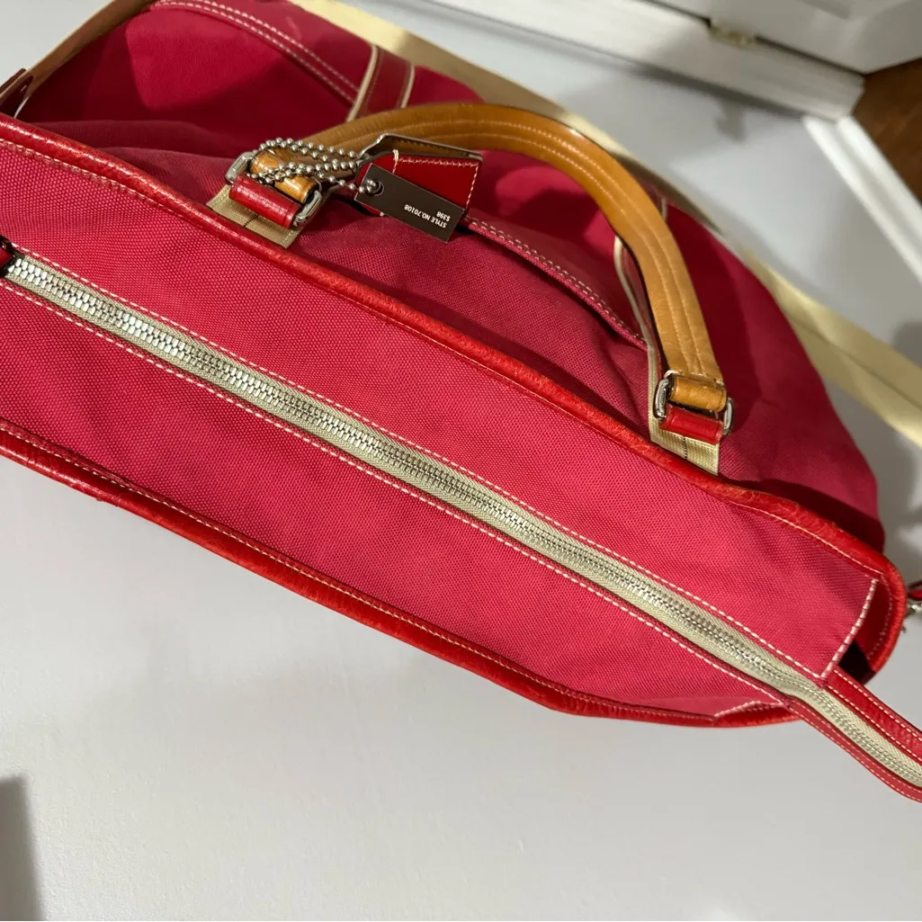 COACH Tote Bag Canvas RED & British‎ Tan 70108 Weekender Travel Carryon Rare! - Image 10