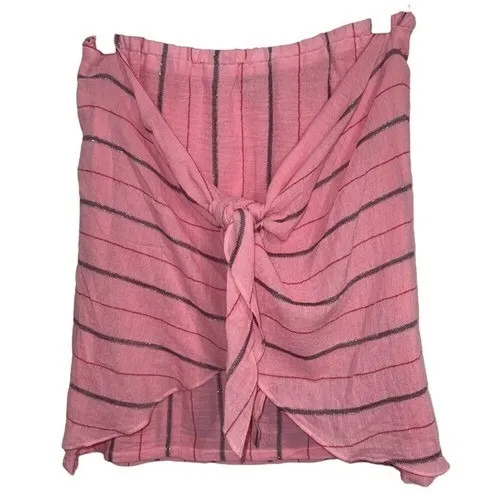 ANTHROPOLOGIE HOLDING HORSES Pink Striped Tie Front Gauze Mini Skirt EUC Size M - Image 2
