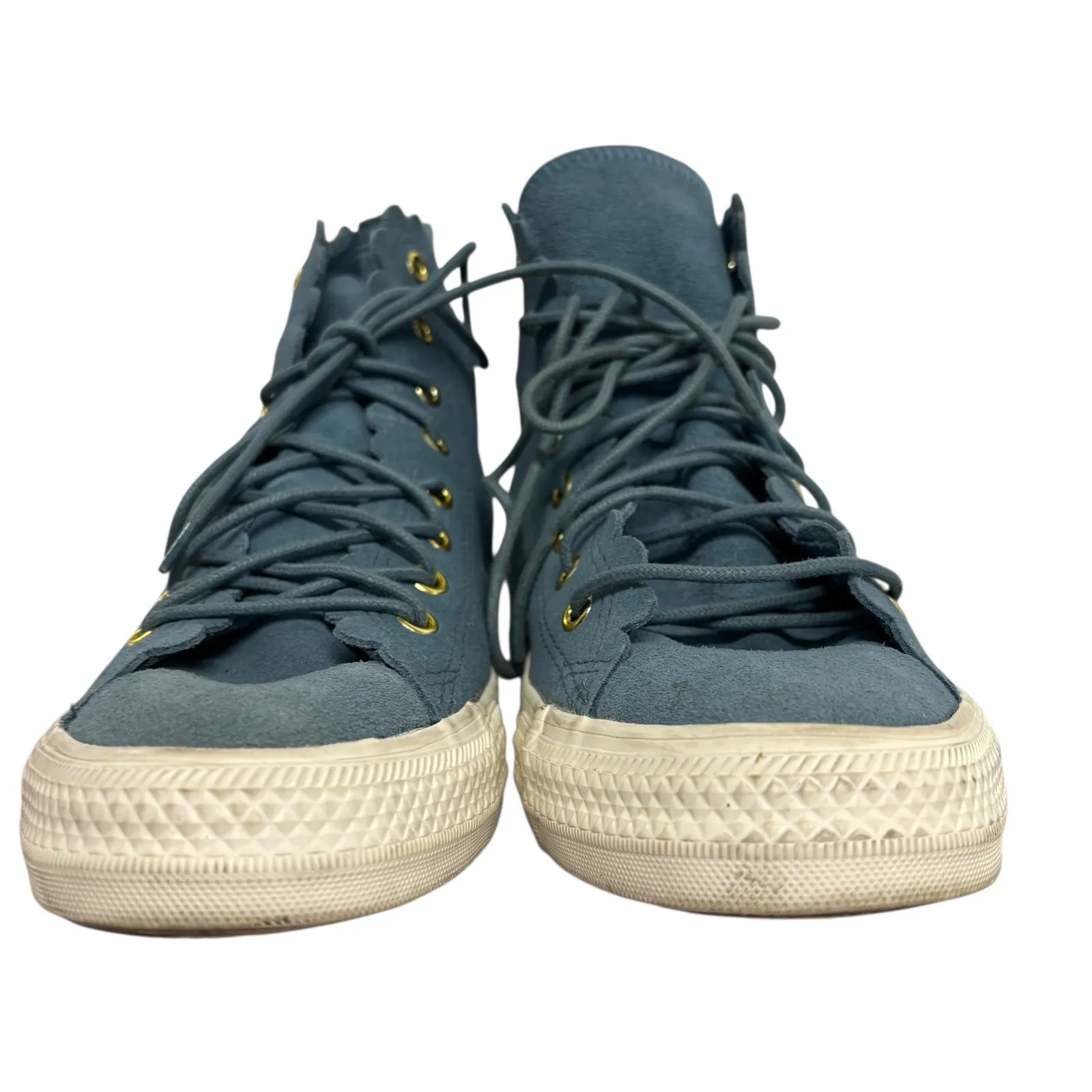 Converse High Top Sneakers Scalloped Blue Suede Leather Gold Eyelets Women's‎ 9 - Image 4