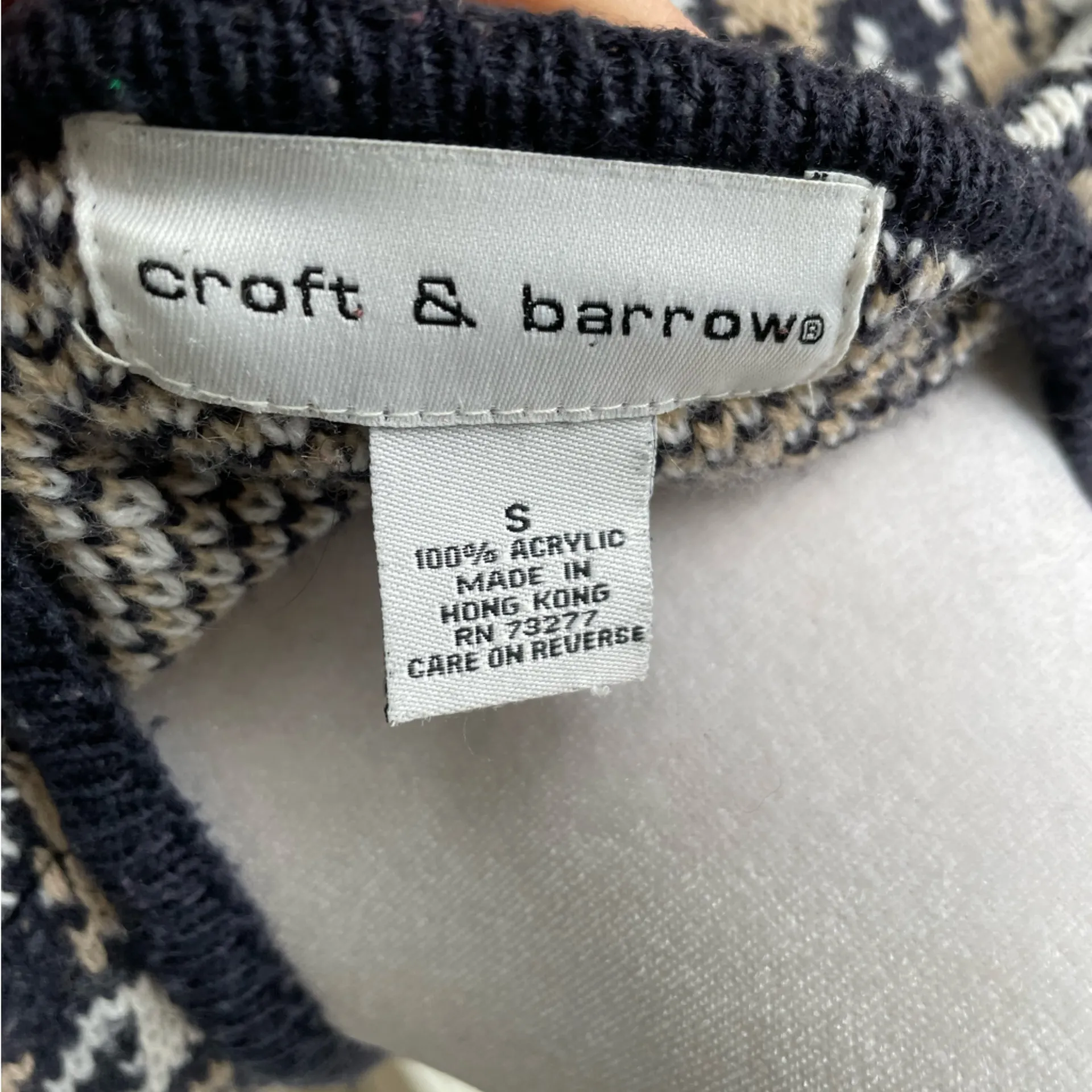 Croft & Barrow Navy Tan White Herringbone Cardigan Sweater Brass Buttons Sz S Blue - Image 4