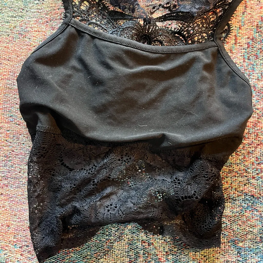 SHEIN Black Lace Bodysuit Top With Straps And Shiel Hat Set SZ S Minimalist - Image 2