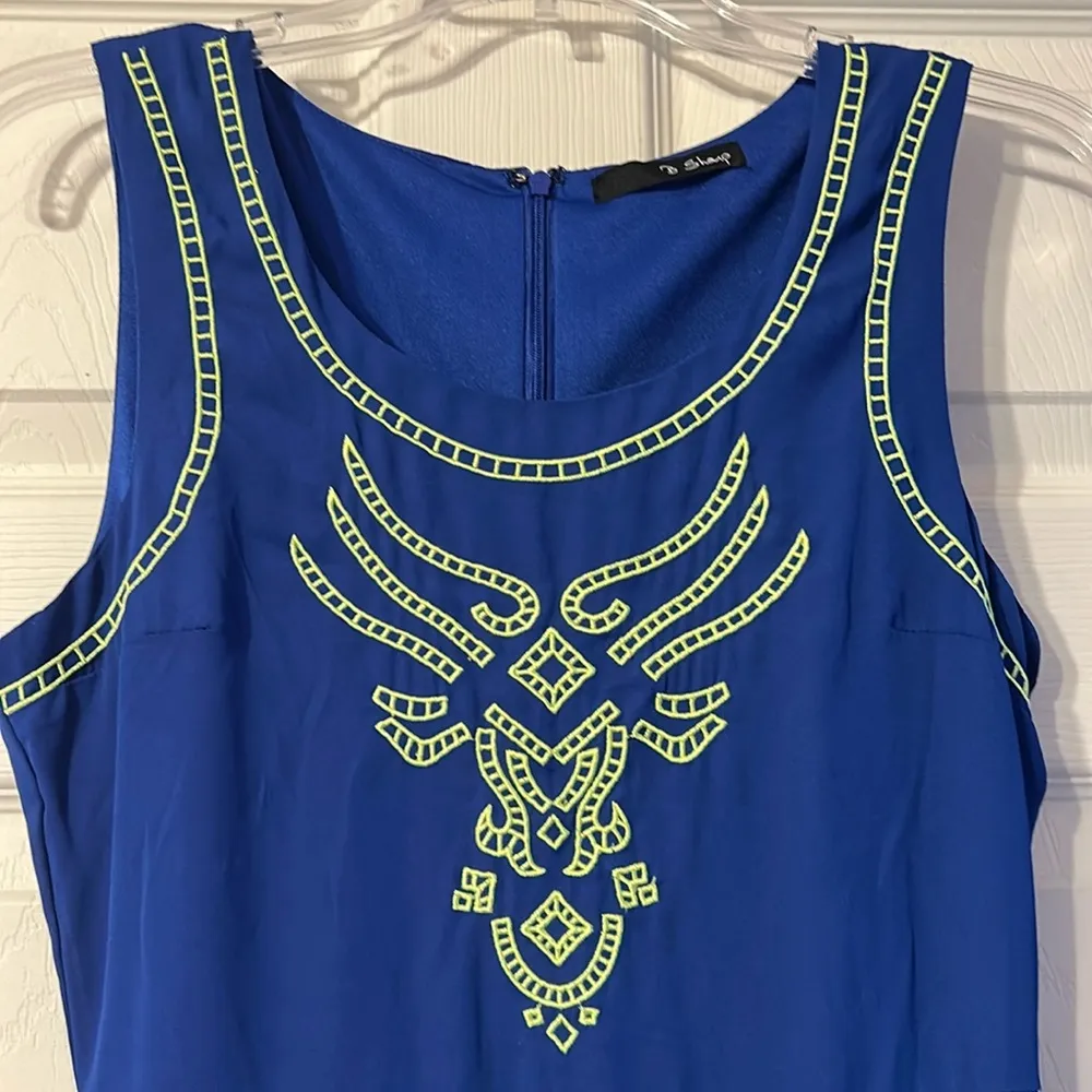 Boutique Royal Blue Sleeveless Dress Embroidered Neon Green Small - Image 2