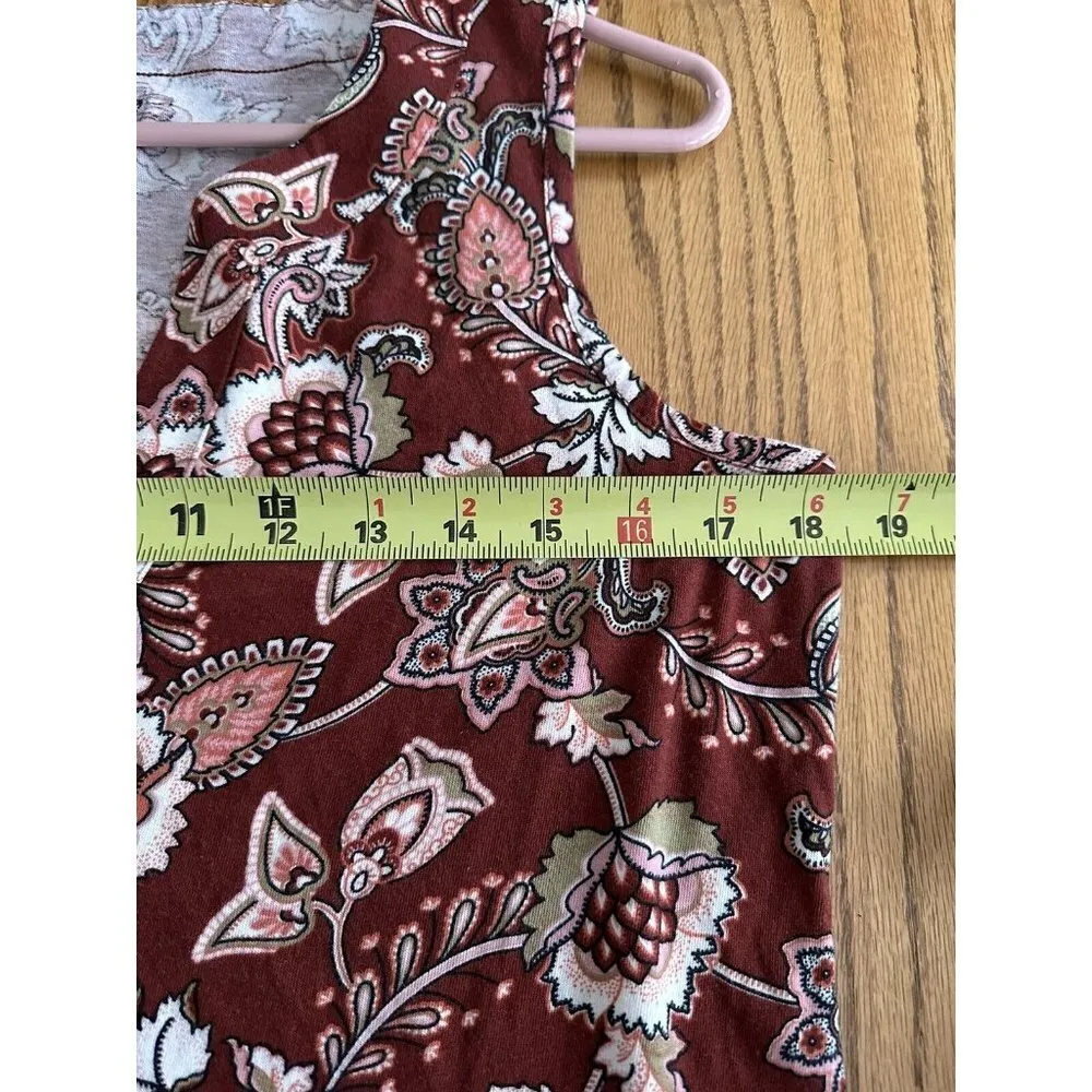 Lands End Tank Dress Floral Print Knee Length Sleeveless Maroon Beige V Neck - Image 5