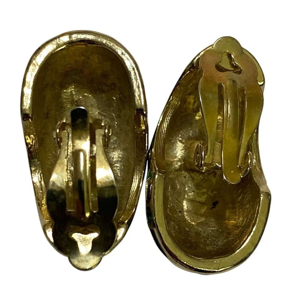 Vintage Emerald Green Enameled Crystal Clear Rhinestones Clip On Earrings - Image 3