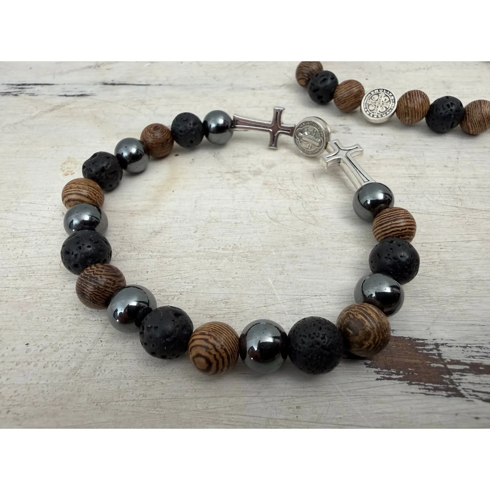 Men's Natural Stone Bracelet Set – Lava Rock, Wood Beads & Cross Charms 3 Pack - Image 4