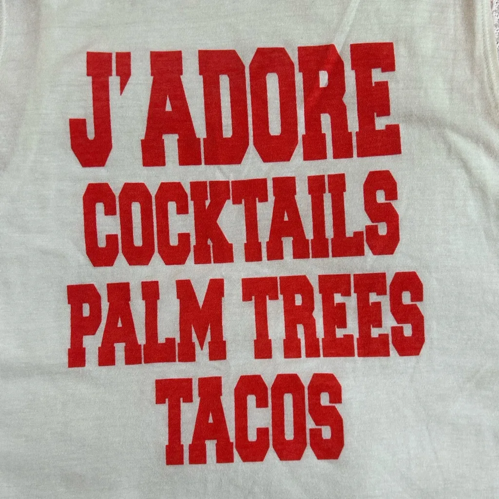 white racerback tank with the slogan "J'ADORE COCKTAILS PALM TREES TACOS" NWT S - Image 3