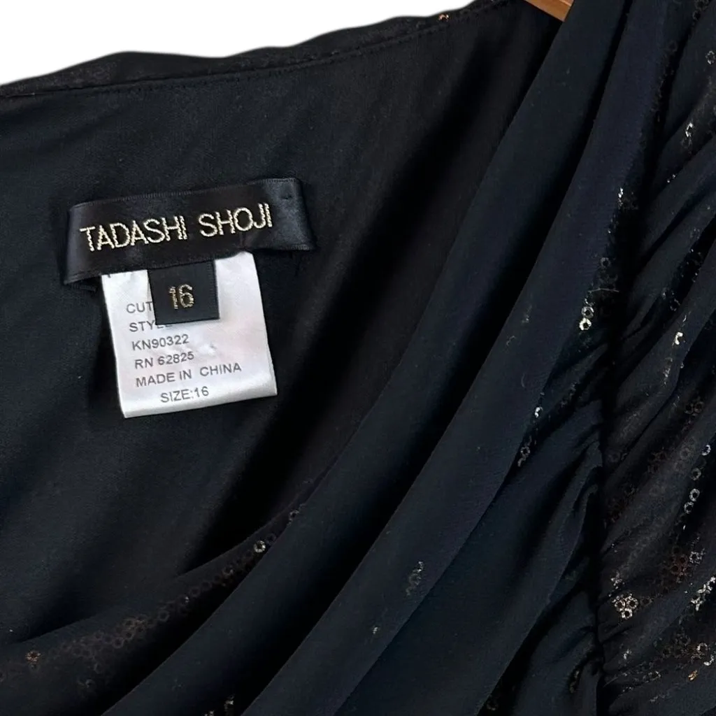 Tadashi Shoji Black Ruched Chiffon Sequin Draped Evening Top Size 16 - Image 5