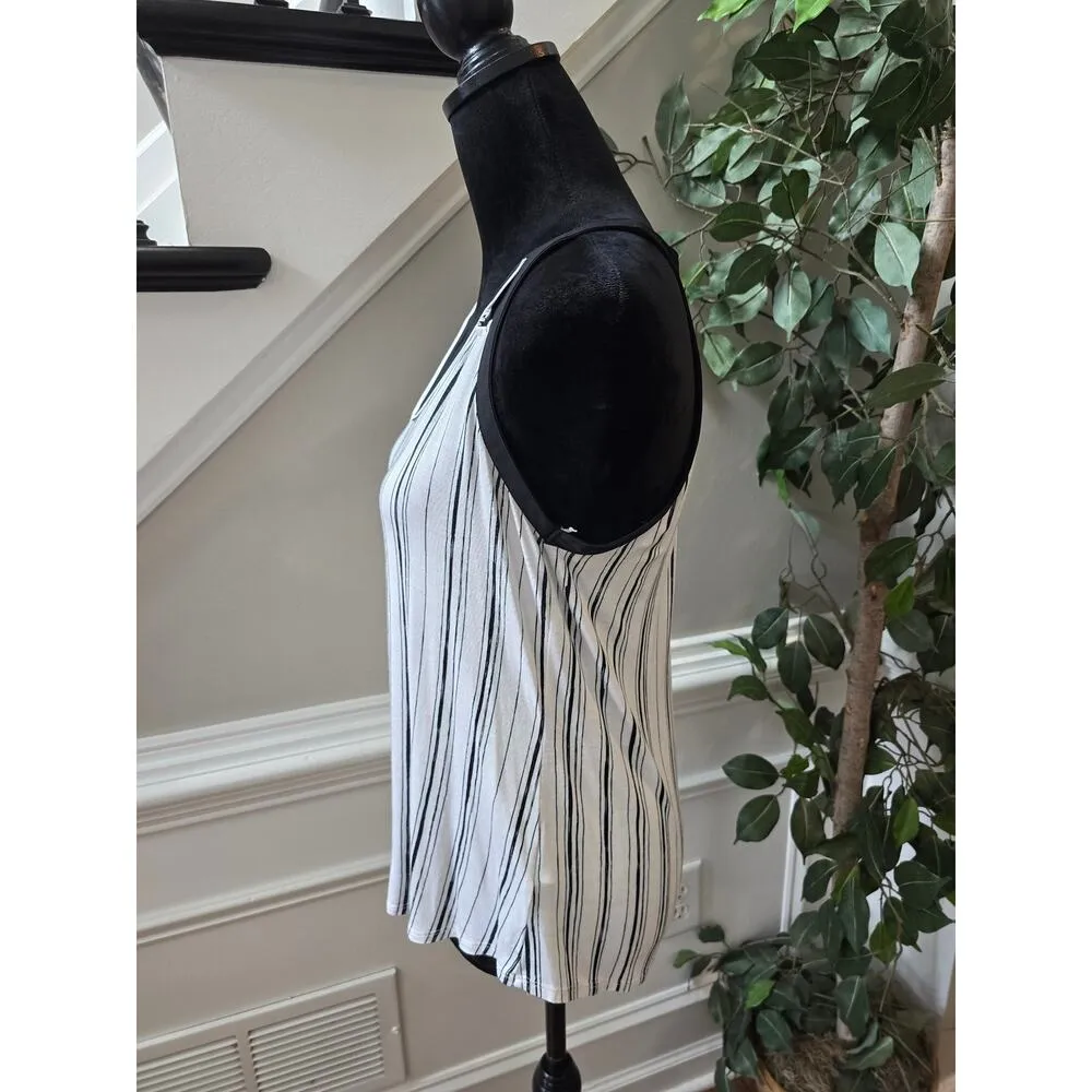 Candie's Blouse Top Women M White Black Striped Rayon Stretch V Neck Sleeveless - Image 11