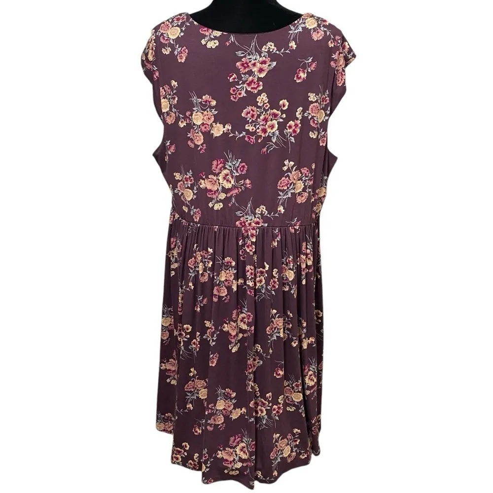 Yellow Star Burgundy Floral Midi Dress Faux Wrap Cottagecore Romantic 3X Purple - Image 2