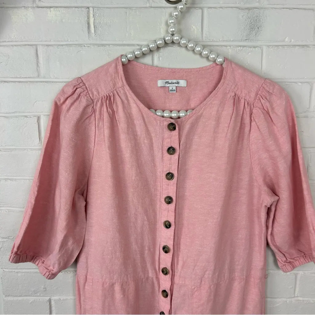 Madewell Pink Linen Puff Sleeve Waist Tie Jumpsuit Size S - Image 5