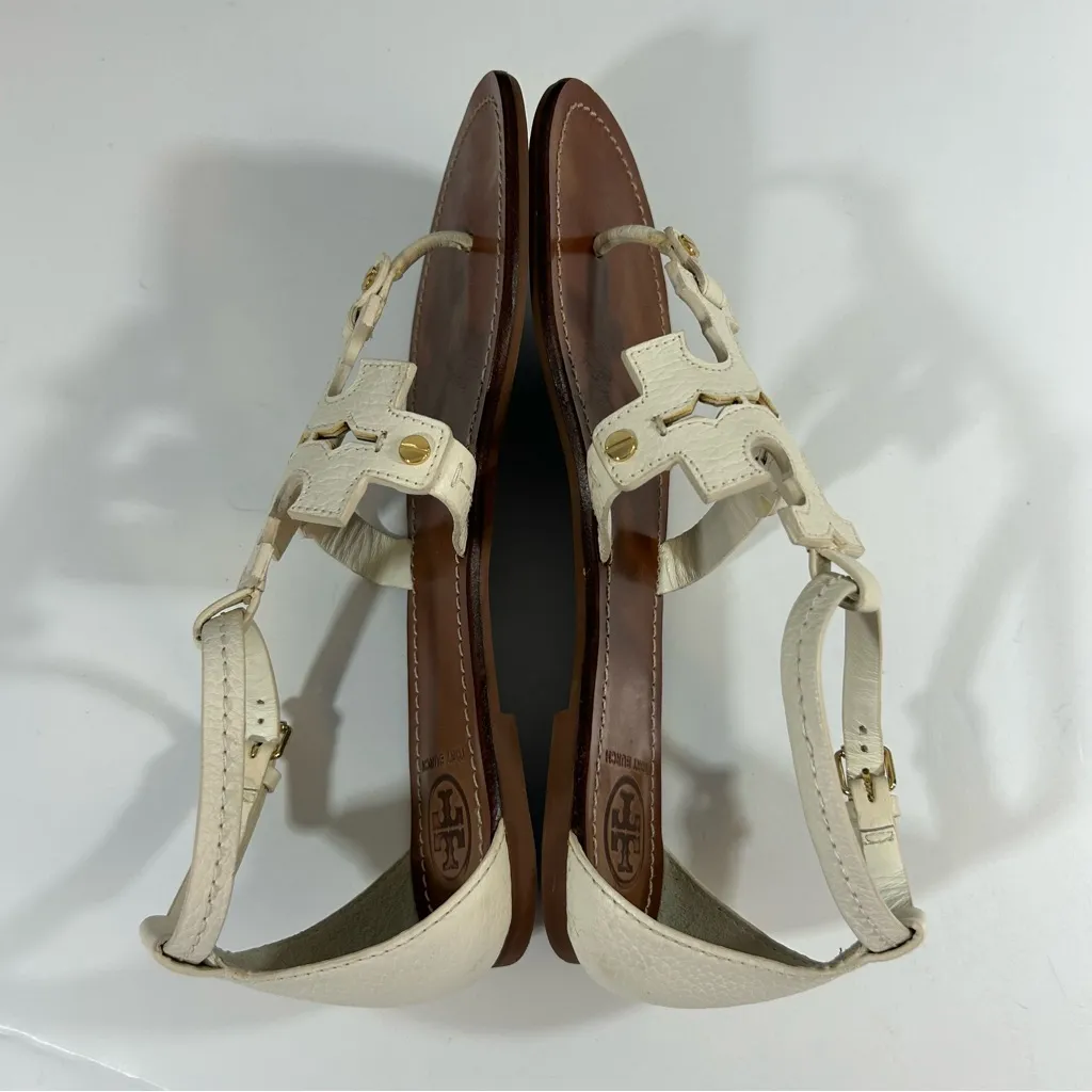 Tory Burch Phoebe Flat Thong Elba Tumbled Leather Ivory Sandals Size 8M - Image 5