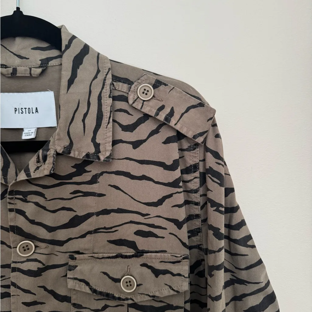 Pistola Tiger Utility Shirt Jacket Medium Animal Print Frayed Hem Anthropologie - Image 8