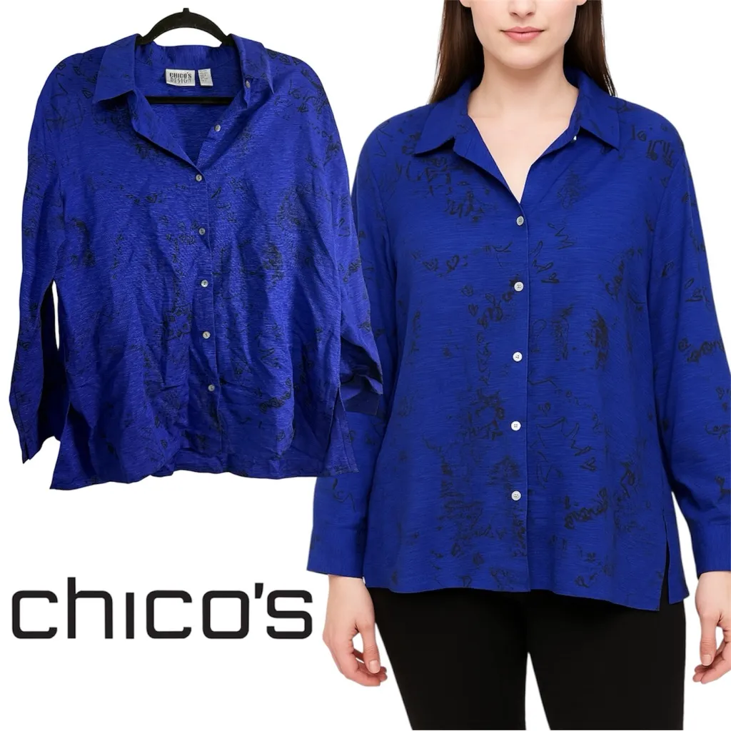 Chico's Vintage Royal Blue Silk Linen Blend Button-Down Shirt L - Image 2