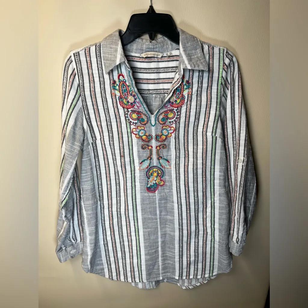 Soft Surroundings Aruba Striped Boho Tunic Embroidered 3/4 Length Sleeves Top‎ S - Image 2