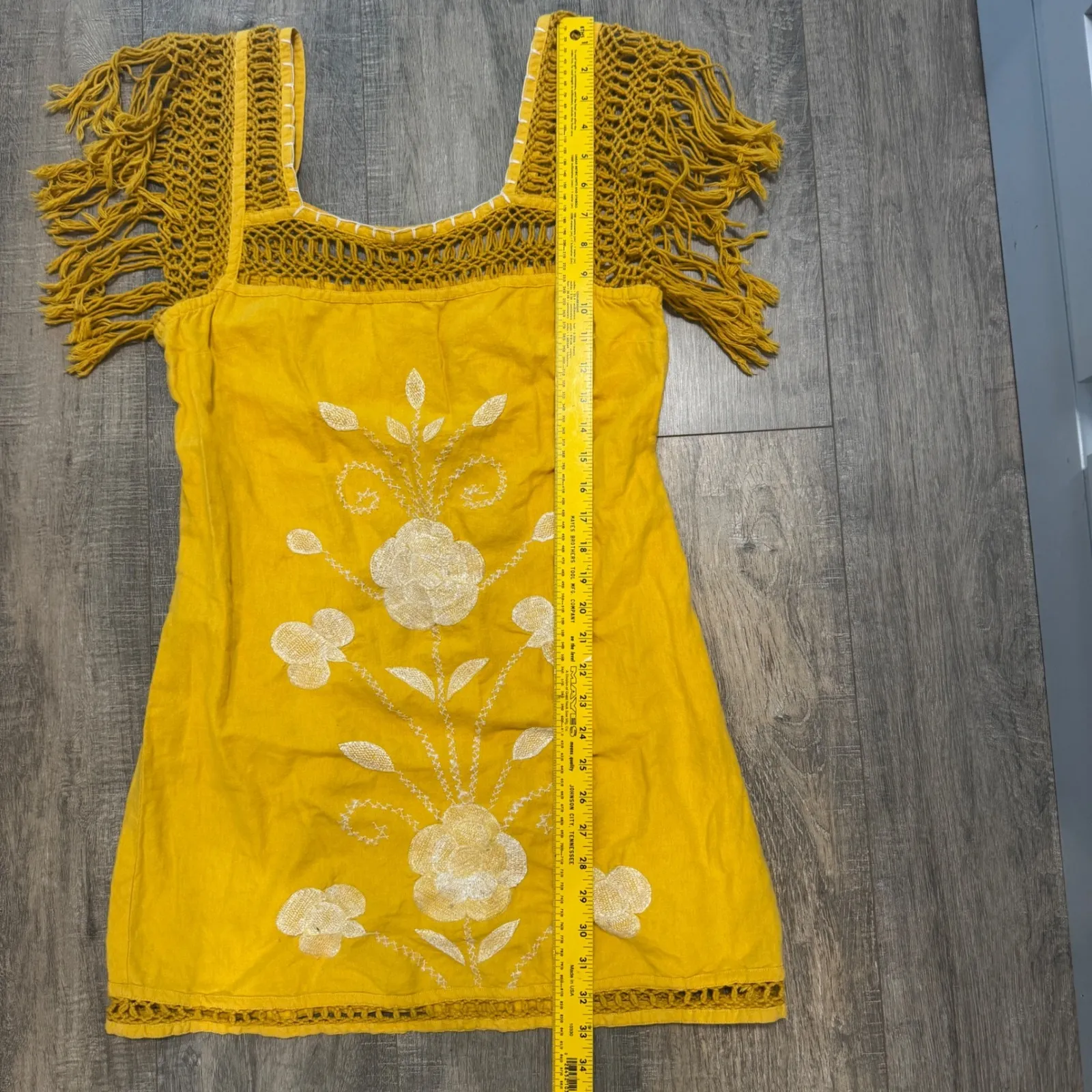 Free People Crochet Fringe Dress‎ Yellow Embroidered Floral Cotton Blend size 12 - Image 5