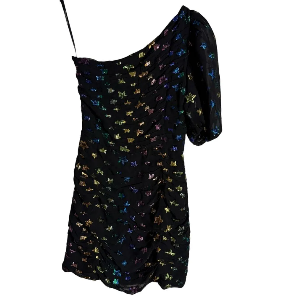 Shoshanna Ronnie Starry Night Black Rainbow Metallic Star One Shoulder Dress  6 - Image 13