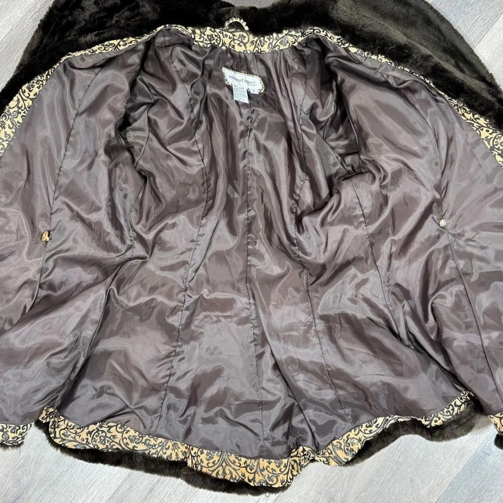 Newport News Vintage Embossed Faux Fir Trim Leather Princess‎ Swing Coat Small - Image 11