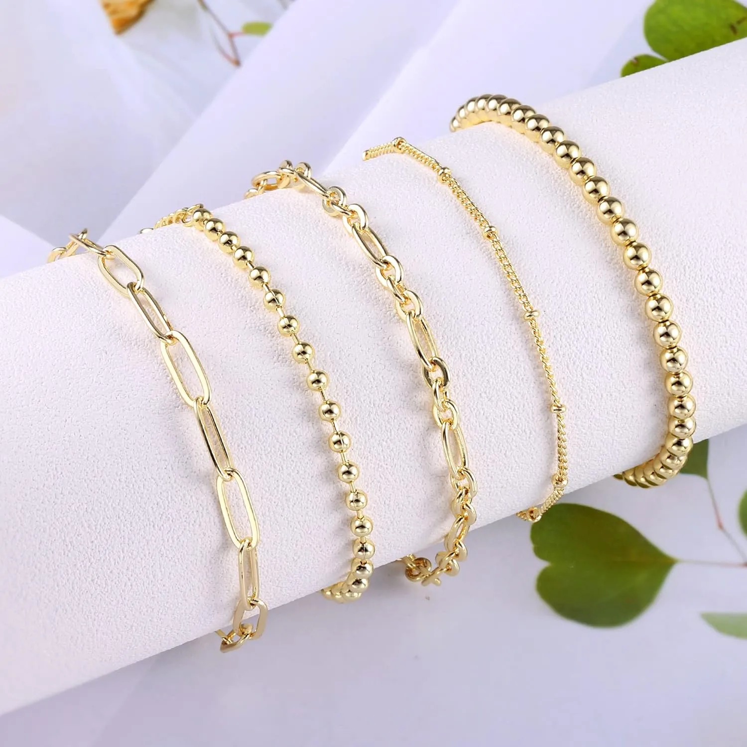14K Gold Chain Bracelets Set for Women Girls, Dainty Gold Paperclip Link Bead Bracelet Stackable Layered Bracelets Metal Fashion Jewelry - Image 4
